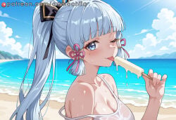1girl kamisato_ayaka solo breasts food popsicle tongue tongue_out one_eye_closed blue_eyes mole cleavage mole_under_eye outdoors strap_slip beach looking_at_viewer holding long_hair blunt_bangs ponytail sky ocean blue_hair cloud day bare_shoulders holding_popsicle upper_body light_blue_hair holding_food blunt_tresses blue_sky tress_ribbon blush hair_ribbon white_tank_top sweat hair_ornament sidelocks wet tank_top ribbon melting dripping water collarbone large_breasts flower_knot alternate_costume licking pink_ribbon smile white_shirt shirt sand medium_breasts artmochiia ai_generated genshin_impact