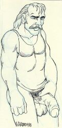 1998 1boy balls beard dated flaccid foreskin gay male male_only monochrome muscular older_male original penis pubic_hair robin_walden simple_background solo tank_top traditional_media uncircumcised veiny_penis white_background yaoi