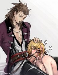 2boys blonde_hair blue_eyes blush brown_hair clothed clothed_sex cum dash10 eizen_(tales) erection fellatio grin hand_on_head large_penis male multiple_boys penis saliva scar smirk sweat tagme tales_of_(series) tales_of_berseria yaoi