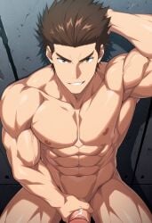 1boy 1guy abdomen ai_generated bara bara_body biceps bofuri brown_eyes brown_hair drag_(bofuri) erect_penis erection gay gay_male homosexual homosexual_male huge_cock huge_penis ia_generated itai_no_wa_iya_nano_de_bougyoryoku_ni_kyokufuri_shitai_to_omoimasu male muscular muscular_male pecs pectorals