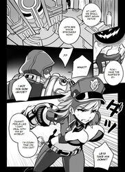 breasts comic english_text forsaken_jayce greyscale jayce_talis league_of_legends monochrome officer_vi sieyarelow speech_bubble vi