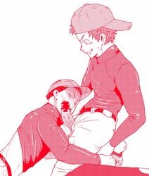 2boys baseball_uniform erection fellatio hat kneeling licking mituki_nao multiple_boys penis saliva smile yaoi