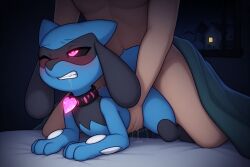 ai_generated anthro anthro_on_human bedroom black_sclera blue_body blushing choker clenched_teeth female female_penetrated from_behind furry glowing glowing_eyes hands_on_sides human human_on_anthro laying_on_stomach male male/female male_penetrating male_penetrating_female night nude nude_female nude_male on_bed one_eye_closed penetration penetration_from_behind pink_eyes pleasure_face pokemon pokemon_(species) pussy_juice riolu rolling_eyes sex sex_from_behind