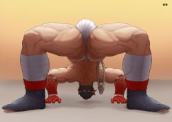 1boy absurd_res all_fours ardha_purvottanasana arm_hair armband armpit_hair artist_name ass ass_visible_through_thighs back_muscles back_view balls_under_clothes bandaged_leg bara beefy biceps big_bulge black_hair bulge bulge_through_clothing flexible full_body fundoshi fundoshi_only gay hachimaki headband hi_res hunk japanese_clothes leg_hair legs_apart male male_only manly mature_male miyabi13783794 muscles muscular muscular_arms muscular_back muscular_legs muscular_male muscular_thighs necklace quadriceps red_hands reverse_table_top_position rokushaku_fundoshi rope shadow shide short_hair solo tabi table_top_position tajikarao_(tokyo_afterschool_summoners) tattoo tattoo_on_hand tokyo_afterschool_summoners topless tough_guy very_high_resolution white_fundoshi wristband yaoi yellow_background
