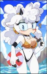1girls lanolin_the_sheep sonic_(series) sonic_the_hedgehog_(series) sonic_the_hedgehog_(comics) sonic_the_hedgehog_(idw) sega tenshigarden anthro sheep_girl sheep_ears sheep_tail tail animal_ears animal_tail white_hair hair half-closed_eyes blue_eyeshadow eyeshadow blue_eyes popsicle popsicle_in_mouth holding_object question_mark ? neckwear choker big_breasts breasts cleavage yellow_bikini_top bikini bikini_top bikini_bottom black_bikini_bottom beach_ball solo solo_female female female_only