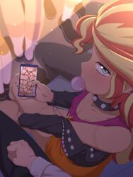 2boys 4girls bdsm between_legs black_jacket black_nails blonde_hair blowing_bubble_gum blue_eyes breasts chewing_gum cleavage clenched_hand collar collarbone commentary completely_nude crossed_legs earrings equestria_girls:_forgotten_friendship hand_between_own_legs highres holding holding_phone jacket jewelry juxtaposition leather leather_jacket looking_at_viewer multicolored_hair multiple_boys multiple_girls my_little_pony my_little_pony:_equestria_girls my_little_pony:_friendship_is_magic nipple_slip nipples nude off_shoulder on_train orange_hair orange_skirt phone pink_shirt pov pussy rockset rope rope_marks shibari shibari_marks shirt showing_phone sitting skirt solo_focus spiked_collar spikes streaked_hair sunset_shimmer sunset_shimmer_(human) thighs two-tone_hair