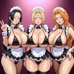 3girls ai_generated big_breasts bikini black_hair bleach bleach:_the_thousand-year_blood_war blonde_hair blush boa_hancock boruto:_naruto_next_generations breasts closed_eyes curvy curvy_female curvy_figure female female_only huge_breasts large_breasts light-skinned_female light_skin looking_at_viewer maid maid_apron maid_bikini maid_cap maid_dress maid_headdress maid_outfit maid_uniform matsumoto_rangiku multiple_girls naruto naruto_(classic) naruto_(series) naruto_shippuden one_piece orange_hair pubic_hair seductive shao145 shiny_skin smile tsunade
