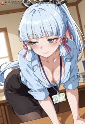 1girl breasts solo kamisato_ayaka skirt pantyhose office_lady cleavage pencil_skirt bra blue_eyes shirt underwear blue_shirt blunt_bangs white_bra smile mole blush long_hair black_skirt mole_under_eye blue_hair ponytail indoors lanyard collarbone closed_mouth leaning_forward hair_ornament alternate_costume light_blue_hair medium_breasts id_card sidelocks contemporary brown_pantyhose looking_to_the_side bent_over sleeves_rolled_up hair_ribbon bra_peek ribbon blunt_tresses arm_support collared_shirt downblouse black_pantyhose desk shirt_tucked_in tress_ribbon office averting_eyes artmochiia ai_generated genshin_impact