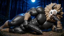 1boy 3d ai_generated anthro dark-skinned_male genshin_impact hilichurls_(species) huge_pectorals huge_penis male male_only monster muscular_male night on_side penis solo