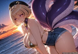 1girl ai_assisted ai_generated ass bangs bare_shoulders bikini bikini_top blonde_hair blush breasts choker cloud curvaceous curvy curvy_female curvy_figure denim denim_shorts eyebrows_visible_through_hair female hat looking_at_viewer miyuai monster_girl ocean purple_eyes short_hair short_shorts shorts sky smile solo sunset swimsuit tail thick thick_ass thick_butt thick_hips thick_legs thick_thighs thighs voluptuous voluptuous_female water wide_hips wide_thighs yidhari_murphy zenless_zone_zero