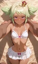 ai_generated beach bikini brawl_stars from_above laying_on_back looking_at_viewer mandy_(brawl_stars) miniskirt navel small_breasts wet_pussy