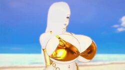 solo solo_focus solo_female female female_only female_focus 3d 3d_animation animated no_sound bouncing_breasts breasts big_breasts large_breasts golden_bikini golden_week lipstick pale_skin pale-skinned_female koikatsu fate_(series) fate/grand_order white_hair white_hair_female omi-san_(fate) paracetamolkoi
