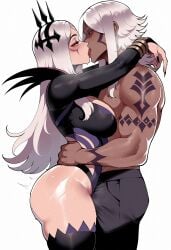 1boy 1girl ai_generated arm_around_waist arm_tattoo arms_around_neck arms_around_waist ass aversa_(fire_emblem) biceps black_nails black_pants black_thighhighs blush body_markings bracelet breast_press breasts bulge bunnyart02 clothed_sex clothing couple covered_nipples crown dark-skinned_female dark-skinned_male dark_skin erection erection_under_clothes eye_contact facial_mark facial_tattoo female fingernails fire_emblem fire_emblem_awakening french_kiss from_side grey_hair grinding half-closed_eyes hand_on_another's_waist hetero highleg hug interracial jewelry kiss large_breasts leotard long_fingernails long_hair long_sleeves looking_at_another male manly muscular muscular_male nail_polish pants pectorals red_eyes saliva sharp_fingernails simple_background standing sweat tattoo thick_thighs thighhighs thighs tongue tongue_out topless_male torso_grab white_background white_hair