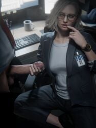 1boy 1girls 3d 3d_(artwork) 3d_render blender blender_(software) blender_cycles blonde_hair clothed clothed_sex computer_monitor erection foreskin glasses grace_ashcroft handjob light-skinned_female light-skinned_male light_skin long_hair madrugasfm office office_lady penis resident_evil resident_evil_9:_requiem sitting teasing