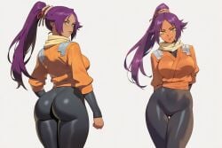 ai_generated ass big_ass big_breasts leggings multiple_views pin_up ponytail purple_hair shihouin_yoruichi wide_hips yellow_eyes