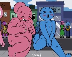 1boy 1girls balls breasts covering embarrassed embarrassed_nude_exposure embarrassed_nude_female embarrassed_nude_male ene enf enfalt enm female male milf mother_and_child mother_and_son parent_and_child penis running tagme