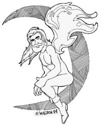 1994 1boy angel archived_source footwear gay long_hair male male_only monochrome moon muscular nipples no_visible_genitalia original robin_walden solo traditional_media transparent_background wings yaoi