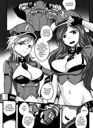 breasts caitlyn_kiramman canon_couple comic english_text forsaken_jayce greyscale jayce_talis league_of_legends midriff monochrome officer_caitlyn officer_vi sieyarelow speech_bubble vi