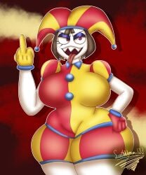 1girl 1girls ass ass_bigger_than_head big_ass big_breasts big_butt breasts butt butt_bigger_than_head clothed clothing digital_media_(artwork) evil_pomni_(tadc) evil_pomni_(the_amazing_digital_circus) eyes_half_closed eyes_half_open fangs flipping_off flipping_the_bird fully_clothed glitch_productions hand_on_hip hat headwear huge_ass humanoid jester jester_cap jester_hat jester_outfit middle_finger puffy_sleeves scribbleman123 sharp_teeth solo solo_female solo_focus sticking_out_tongue striped_clothing tagme teeth the_amazing_digital_circus thicc thick thick_thighs white_skin