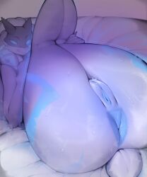 5:6 anthro anus bed biped blue_body bodily_fluids bovid caprine eyes_closed female fingers fur furniture genitals hi_res kindred_(lol) lamb_(lol) league_of_legends lying mammal mask multicolored_body on_back on_bed onm11 riot_games sheep short_tail simple_background smile solo sweat tail tencent vulva white_body white_fur white_tail