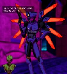 1male angry filth_(ultrakill) hand_on_hip penis precum precum_drip revolver robot robot_humanoid robot_joints robot_penis self_upload tick_tock_meme ultrakill v1_(ultrakill)
