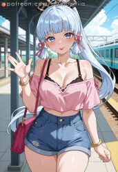 1girls _ ai_generated alternate_costume artmochiia bag bare_shoulders black_bra blue_eyes blue_hair blue_shorts blue_sky blunt_bangs blunt_tresses blush bra bracelet breasts casual cleavage cloud collarbone contemporary cowboy_shot crop_top cropped_shirt cutoffs day denim denim_shorts female female_only flower_knot genshin_impact hair_ornament hair_ribbon hand_up handbag high-waist_shorts hoyoverse jewelry kamisato_ayaka lace-trimmed_bra lace_trim large_breasts light_blue_hair long_hair looking_at_viewer medium_breasts midriff mihoyo mole mole_under_eye off-shoulder_shirt off_shoulder outdoors pink_ribbon pink_shirt ponytail railroad_tracks ribbon shirt short_shorts short_sleeves shorts shoulder_bag sidelocks sky smile solo standing tassel_hair_ornament thigh_gap thighs tongue tongue_out train train_station tress_ribbon underwear very_long_hair waving