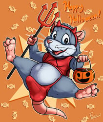 anthro buckteeth bulge candy chipp claws clothing costume emenius erection erection_under_clothes feet food fur halloween holidays jumping looking_at_viewer male male_only mammal melee_weapon open_mouth polearm rat rodent slightly_chubby solo spreading teeth thick_thighs trident underwear weapon whiskers