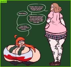 2girls cleavage clothed dialogue growth haru_okumura height_growth huge_ass huge_breasts hyper hyper_ass hyper_breasts persona persona_5 sakura_futaba sequence shortstack skullgeist text wide_hips