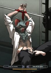 2boys 2d ambiguous_consent angry angry_face anthro arms_above_head arms_up bat belly_tuft caress chest_tuft choice disembodied_hand dispatch_(game) duo furry gameplay_mechanics hairy hairy_chest hairy_forearms human human_on_anthro imminent_sex male male/male male_only no_pupils pubic_hair pubic_tuft restrained restrained_wrists sharp_fingernails signature sonar_(dispatch) spuydjeks tied_hands unbuttoned unbuttoned_pants unbuttoned_shirt undressing unseen_character unseen_male_face