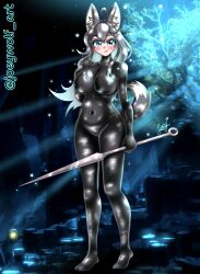 1girls big_breasts black_bodysuit black_suit blue_eyes bodysuit cosplay female grey_fur grey_hair happy holding_weapon hollow_knight hollow_knight:_silksong hornet_(hollow_knight) hornet_(hollow_knight)_(cosplay) husky joey_wolf koda_(joey_wolf) light-skinned_female light_skin long_hair seductive_body seductive_look spear weapon white_skin wolf_ears wolf_girl wolf_tail