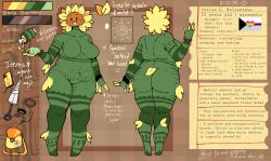 :3 big_ass big_breasts bracelet chubby dot_eyes featureless_breasts featureless_crotch green_skin naked plant_girl plant_hair plants_vs_zombies pointed_feet reference_sheet stretch_marks sunflower sunflower_(pvz) yellow_hair