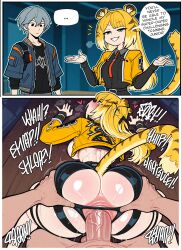 ai_assisted ai_generated anal anthro big_ass big_penis blonde_hair doggy_style green_eyes instant_loss_2koma ju_fufu_(zenless_zone_zero) penis shorts shortstack tiger tiger_ears wise_(zenless_zone_zero) zenless_zone_zero