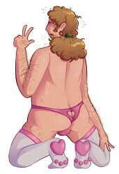 arched_back blonde_hair blush body_hair cat_socks chubby_male embarrassed from_behind_position glasses humanization humanized inanimate_insanity male object_show_community object_shows older_male on_knees peace_sign pink_panties socks steve_cobs