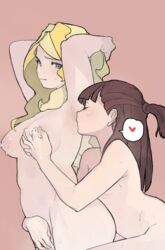 2girls areolae armpit_fetish armpit_licking armpits blonde_hair blue_eyes blush breast_grab breasts brown_hair closed_eyes diakko diana_cavendish fingering hatorinabisko kagari_atsuko lactation little_witch_academia medium_breasts multiple_girls nipples small_breasts sweat yuri