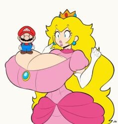 1boy 1girls big_breasts blonde_hair blue_eyes breasts breasts_bigger_than_head cleavage dress huge_breasts hyper hyper_breasts long_hair mario mario_(series) nintendo princess_peach tagme theycallhimcake video