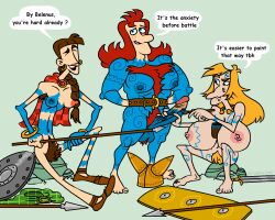 barefoot big_penis bodyhair bodypaint breasts celtic_tattoos ducdevinny erection female futanari hairy huge_breasts multiple_females multiple_girls painting_body penis pubic_hair shield spear weapon