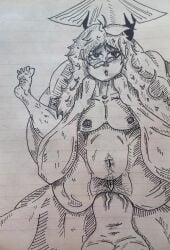 black_and_white cumflation full_nelson full_nelson_vaginal glasses glasses_on_head honeyjamvt jam long_hair massive_penis mtf pubic_hair rule_63 traditional_art vtuber vtuberfanart