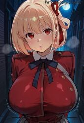 1girl ai_generated bangs belt blonde_hair blue_ribbon blush bob_cut breasts covered_nipples dress grey_dress hair_ribbon iduniar large_breasts looking_at_viewer lycoris_recoil moon neck_ribbon nishikigi_chisato parted_lips pleated_dress red_dress red_eyes red_ribbon ribbon short_hair solo sweat two-tone_dress upper_body