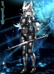 1girls big_breasts black_bodysuit blue_eyes bodysuit cosplay female grey_fur grey_hair happy holding_weapon hollow_knight hollow_knight:_silksong hornet_(hollow_knight) hornet_(hollow_knight)_(cosplay) husky joey_wolf koda_(joey_wolf) light-skinned_female light_skin long_hair mask mask_on_head seductive_body seductive_look spear weapon white_skin wolf_ears wolf_girl wolf_tail