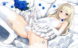 1boy androgynous balls balls_in_panties blue_rose bride femboy garter_straps high_heels male male_bride male_only nemunemu_(candy_paddle) penis penis_under_dress solo solo_male stockings tagme testicles thighhighs tiara trap wedding_dress