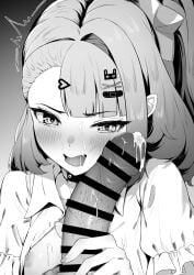 1boy 1girls absurdres angels_of_delusion blush breasts commentary_request cum ejaculation erection female greyscale hair_ornament hairclip handjob highres monochrome nipples open_mouth penis_on_cheek shirt short_hair small_breasts straight sunna_(zenless_zone_zero) yahuillust zenless_zone_zero