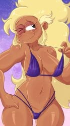 1girls areolae areolae_slip big_breasts bikini bikini_bottom bikini_top black_eyes blonde_hair bottomwear breasts carol_kincaid female female_only hair half-closed_eyes hand_on_hip hips lamaicito long_hair mature mature_female mature_woman milf mother ok_k.o.!_let's_be_heroes one_eye_closed purple_bikini smile solo solo_female swimwear thighs topwear wide_hips wink winking
