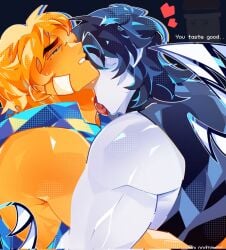 ambiguous_gender androgynous bandage black_hair bloodiemir body english_text forsaken_(roblox) hoodie licking licking_neck muscular noob noob_(forsaken) noob_(roblox) roblox roblox_game robloxian short_hair tagme tail text two_time white_body wings yellow_body yellow_hair