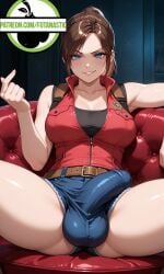 1futa ai_generated ass_cheeks beckoning big_breasts big_penis brown_hair bulge claire_redfield futa_only futanari huge_breasts huge_cock legs_spread looking_at_viewer parted_bangs ponytail resident_evil sitting taker_pov thighs tight_clothing unzipped