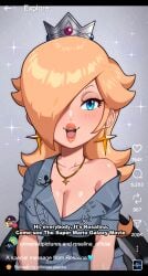 absurdres alternate_breast_size_(larger) blonde_hair blue_eyes blue_shirt blush breasts cleavage collarbone crown earrings english_text fake_phone_screenshot fake_screenshot female gold_necklace grey_background grey_crown grey_shirt hair_over_one_eye highres jewelry large_breasts livestream long_hair looking_at_viewer mario_(series) necklace nintendo open_mouth princess_rosalina rosalina sarukaiwolf shirt short_sleeves silver_crown single_bare_shoulder single_off_shoulder smile solo sparkle star_(symbol) star_earrings super_mario_galaxy super_mario_galaxy_(2026_film)