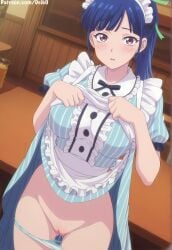 ai_generated blue_eyes brown_eyes clothes_lift deik0 indoors large_breasts lifted_by_self long_hair looking_at_viewer maid maid_headdress megami_no_cafe_terrace panties_down pussy solo the_cafe_terrace_and_its_goddesses tsuruga_ami