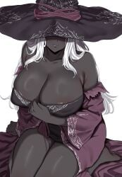 areola areola_slip areolae big_breasts busty cleavage curves curvy dark_skin dark_skinned_female elden_ring elden_ring_nightreign fromsoftware hat huge_breasts large_breasts milf nipple_bulge recluse_(nightreign) revealing_clothes thick_thighs thighs white_hair witch witch_hat