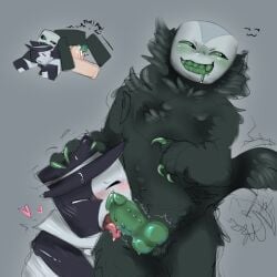 2boys animal_genitalia artful_(die_of_death) barbed_penis beachparade bite biting blowjob blush claws die_of_death_(roblox) dripping drool drooling fur knot knotted_penis licking_penis male male/male penis precum pursuer_(die_of_death) smug tail
