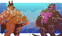 anthro balls barzillai biceps big_muscles big_penis black_penis cum dragon duo erection fur hair hi_res horn humanoid_penis kihu male male_only mammal musclegut muscular muscular_male nipples nude open_mouth orgasm overweight pecs penis purple_hair scalie simple_background teeth yaoi