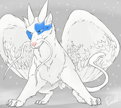 angry animal_genitalia balls birdlock blue_eyes claws cold dragon eastern feathers fur horn male nude paint pink_nose pose sheath simple_background snow stern war_paint whiskers white_fur wings